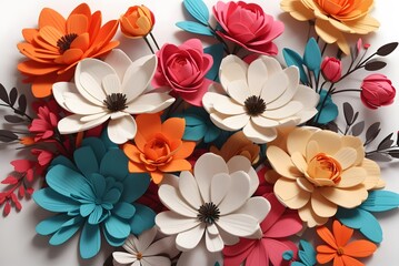 Vintage paper flowers. Pink, Blue, yellow and White flowers paper background pattern lovely style. Rose made from paper.
