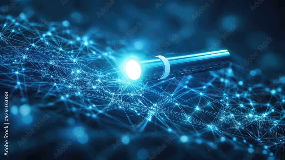 Poster a 3d search bar hovering over a complex digital network, casting a spotlight on relevant data, symbo