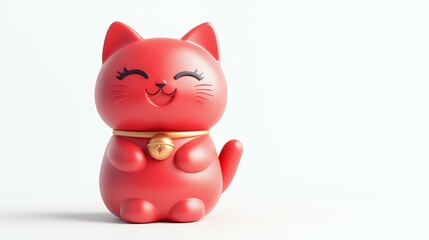A cheerful red cat figurine with a bell, designed for decoration or as a collectible item.
