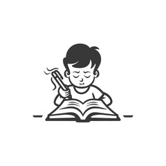 Concentrated Boy Studying with Open Book and Pen