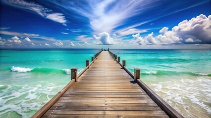 Obraz premium Serene wooden pier stretches into the distance, meeting the horizon at a tranquil beach with soft white sand and gentle turquoise ocean waves.