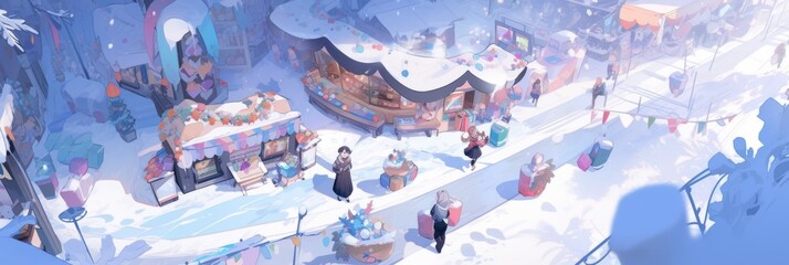 Enchanted anime-style Winter Adventure: A Bird's Eye View of Characters Exploring a Snowy Wonderland for the 2025 Christmas and Spring Festival Seasonal Marketing,Anime-Style,illustration,Picture Book