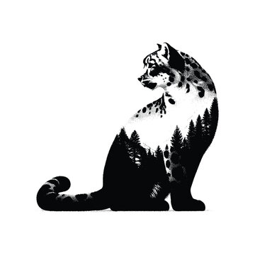 recommend clip art: silhouette of Snow leopard filled with nature view in rough drawing, minimalist,