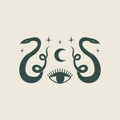 Mystical vector illustration of snakes silhouettes and symbols of eye and moon. Minimalist bohemian logo on isolated background