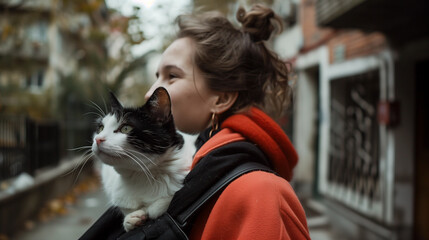 A young woman is walking a street with a black and white cat on her shoulder. 