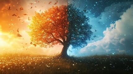 The Duality of Time:  A majestic tree stands at the threshold of day and night, its branches ablaze with the fiery hues of sunset and the cool shimmer of starlight