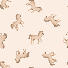 Seamless pattern with cartoon animal. Hand drawn illustration of beige brown cute horse on isolated background. Minimalist scandinavian repeat pattern. Even-toed ungulates. Rural farm animals.