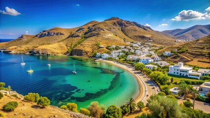 Serifos Island's picturesque Vathi Beach lines a tranquil turquoise bay, surrounded by lush green hills and rustic whitewashed Greek village houses under a clear blue sky.