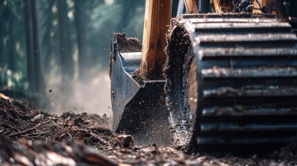 A bulldozer clears dirt and debris in a wooded area at dawn