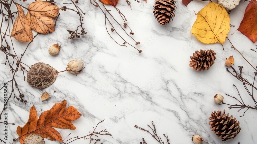 Poster colorful autumn leaves and pine cones are artfully placed on a marble surface, creating a seasonal d