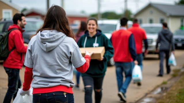 Volunteers Distributing Food and Water to Disaster Victims in a Residential Area