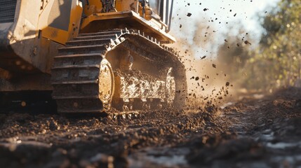 A large construction vehicle removes dirt, leaving tracks on a muddy surface under sunlight