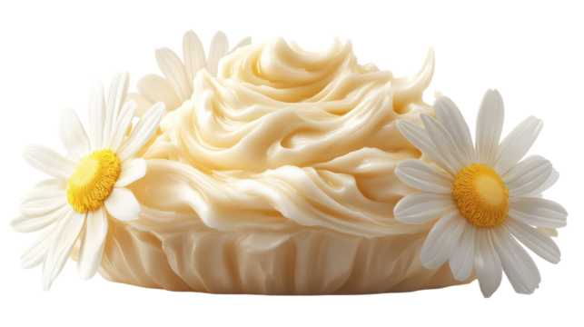 Whipped cream with daisies, isolated on black background. Perfect for dessert, beauty, or spring themed designs.