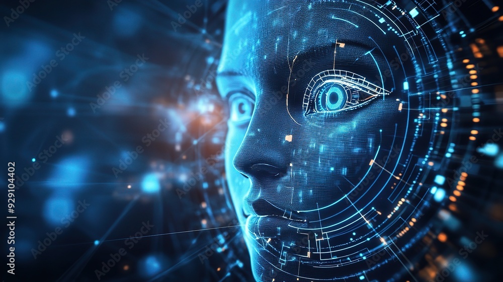 Poster digital eve: a mesmerizing close-up of an ai woman's face, glowing with intricate circuitry and data