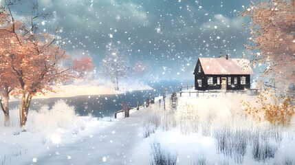 house on the river in winter