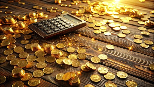 Shiny golden numbers scattered on a rustic wooden table, surrounded by scattered coins and a vintage calculator, evoking a sense of nostalgia and financial abundance.