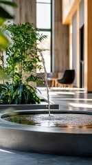 Water gracefully flows from the fountain, enhancing the serene indoor atmosphere with vibrant greenery around