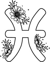 Pisces zodiac sign with flowers, on white background