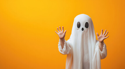 Funny kids in Halloween ghost costume, Trick or treat. Halloween celebration party banner