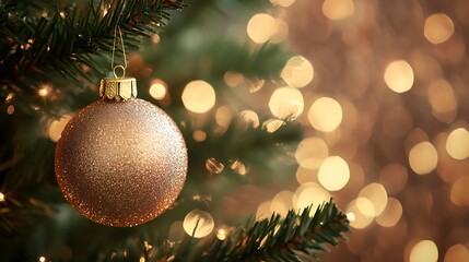A golden Christmas ornament hanging on a tree with warm bokeh lights in the background.