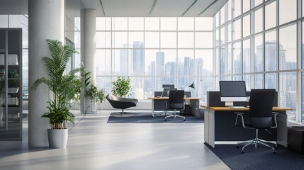 Modern Office, Cityscape View: A sun-drenched, spacious open-plan office with sleek workstations, bathed in natural light from expansive windows revealing a vibrant cityscape. 