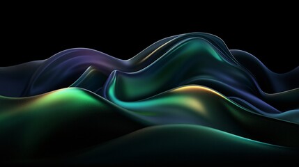 Abstract flowing waves with iridescent colors on a dark background.