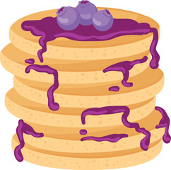 Blueberry jam on pancake stack. Food cartoon icon