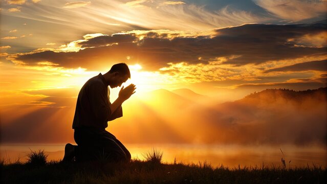 Silhouetted figure kneels in devotion, hands clasped and head bowed, in a serene and peaceful atmosphere with a subtle warm light and gentle shadows.