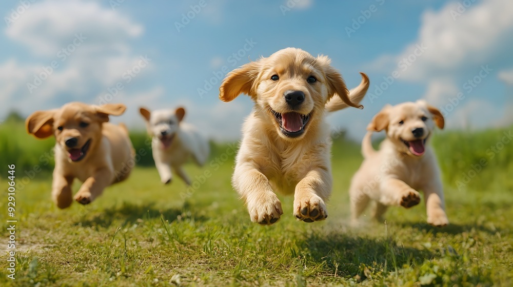 Poster a vibrant and energetic scene of a group of playful golden retriever puppies chasing after a ball in