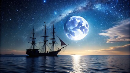 Silhouetted sailing vessel glides smoothly across calm dark waters, illuminated by a starry night sky and subtle navigation lights, under a majestic full moon.