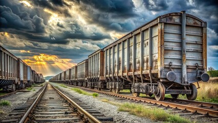 Fototapeta premium Silver freight railcars with faded logos and rusty wheels, lined up in a row on a worn, weathered train track in a desolate industrial landscape.