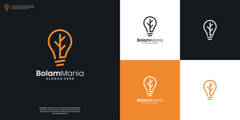 Minimalist tree with bulb lamp vector logo design template.