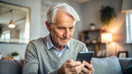 Silver-haired senior citizen intently focuses on small screen, thumb scrolling through messages or social media on a modern smartphone in a quiet setting.