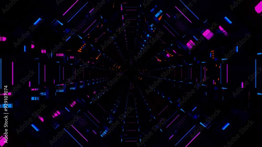 Poster camera fly through a dark tunnel with flashing purple and blue lights. 3d render looped animation