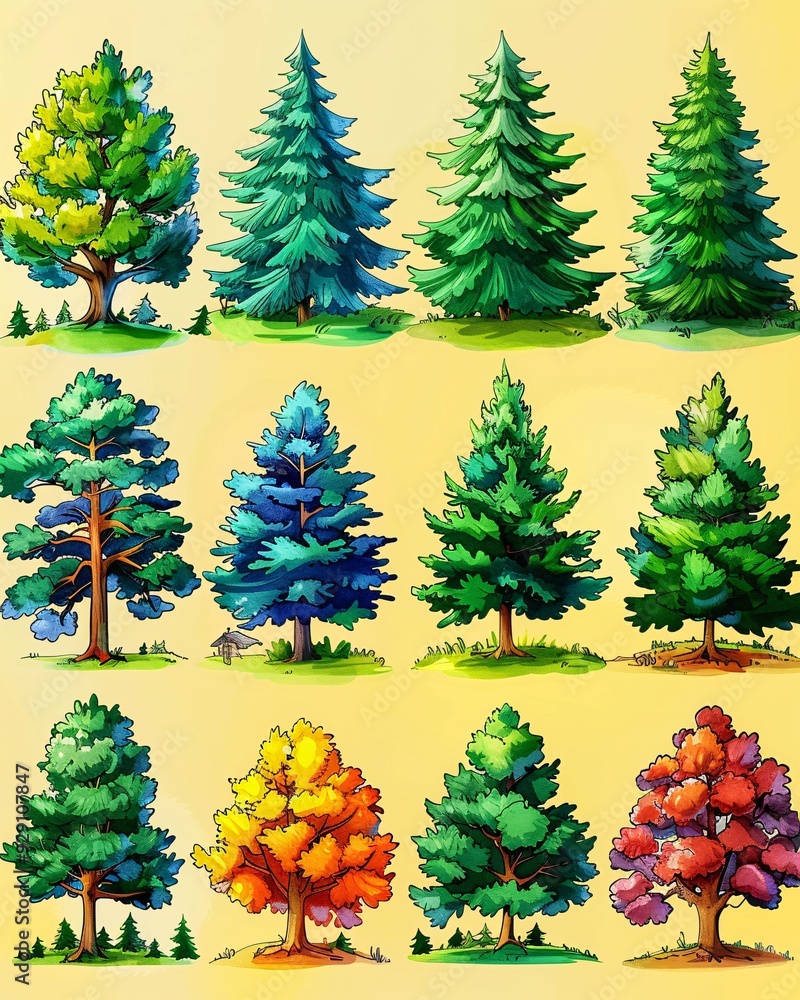 Poster modern tree sketch artwork for your walls - a group of trees with different colors