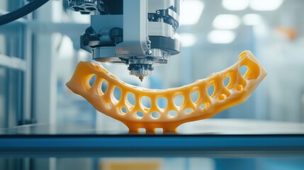 A 3D printer is actively shaping a bright yellow component in a busy workspace filled with advanced technology