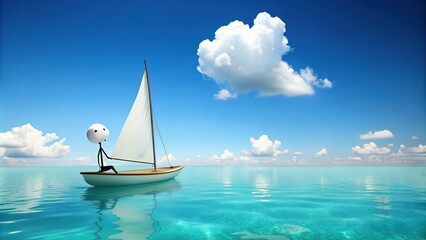 Fototapeta premium Simple stick figure character sitting in a small sailboat, drifting on calm turquoise waters under a bright blue sky with fluffy white clouds.