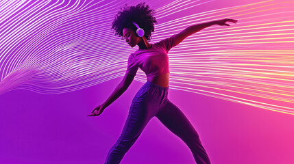 Attractive woman in headphones dancing on abstract neon background. Futuristic concept. Fitness lessons