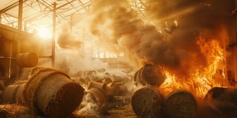 Fire Ravaged the aftermath of a catastrophic blaze ignited by spontaneous combustion of Linseedflax bales in a rural storage structure