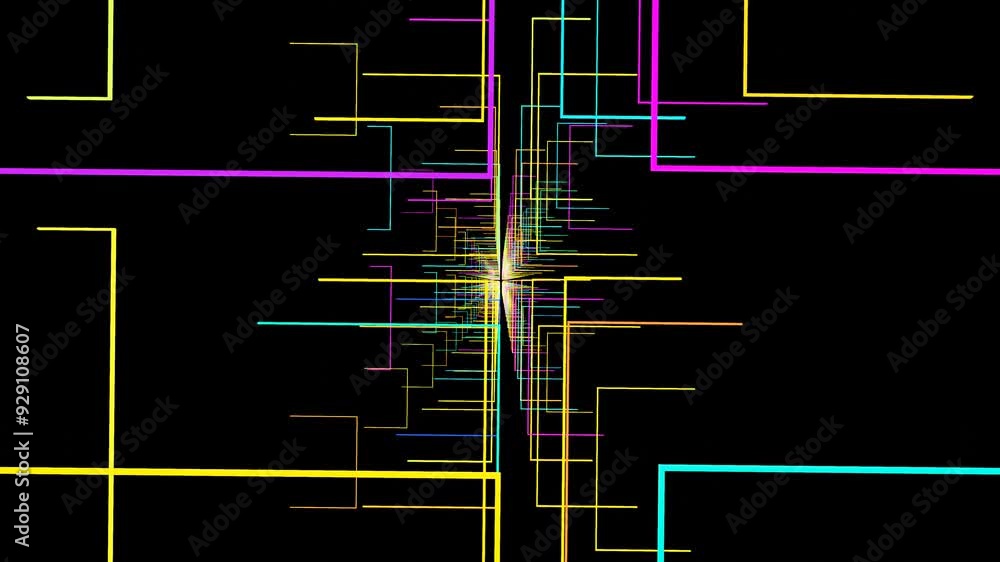Poster the camera will fly through a dark tunnel with glowing multi-colored squares. 3d render looped anima