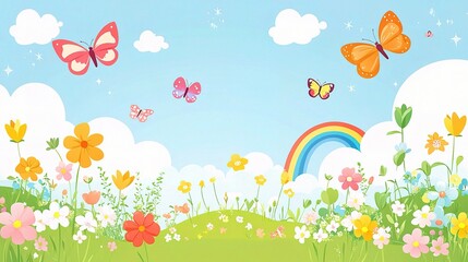 Magical Meadow: A vibrant and whimsical illustration of a spring meadow, filled with blooming flowers, fluttering butterflies, and a rainbow arching across the blue sky. 