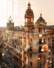 Fototapeta premium Sardinia, Italy: Double Exposure Skyline Art - A building with a clock tower