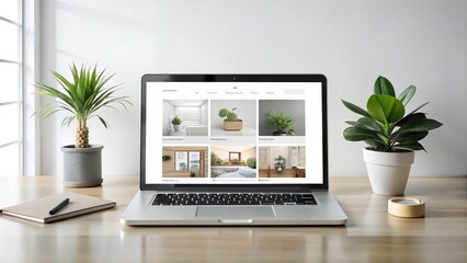 Fototapeta premium Sleek and modern minimalist website design concept featuring a clean white background with simple icons and bold typography on a laptop screen.