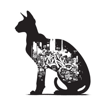 recommend clip art: silhouette of Sphynx cat, filled with graffiti street wall in rough drawing, minimalist,