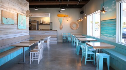 A beachside cafe features light wooden tables and chairs, with ocean-themed artwork on the walls and large windows offering natural light.