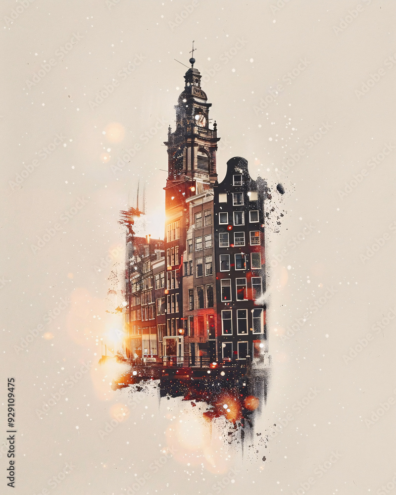 Poster Amsterdam Lights: Local Architecture Art Poster - A building with a tower