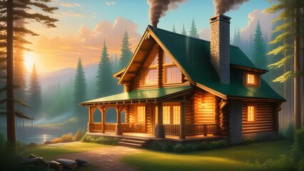 Obraz premium Illustration of a log house in the forest at sunset, 3d render
