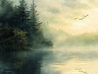 Fototapeta premium Tranquil Morning Mist Over Serene Lake at DawnGentle Reflections