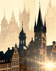 M&uuml;nster Skyline Composite Art Poster, Double Exposure - A building with towers and a reflection of the sun