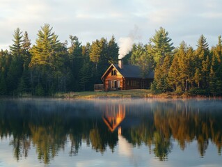 Tranquil Lakeside Cabin SurroundedLush Forest and Rising Smoke at Dusk